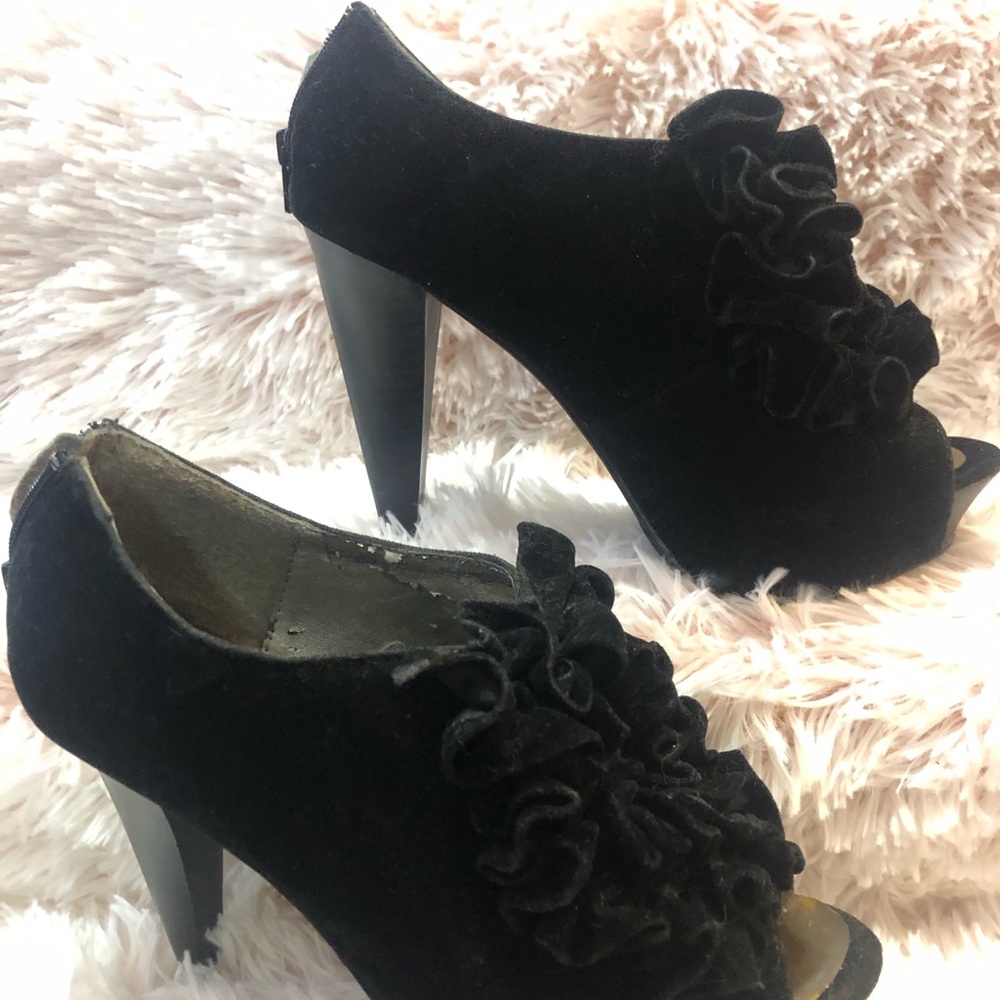 Qupid Velour Ruffled Platform Heels